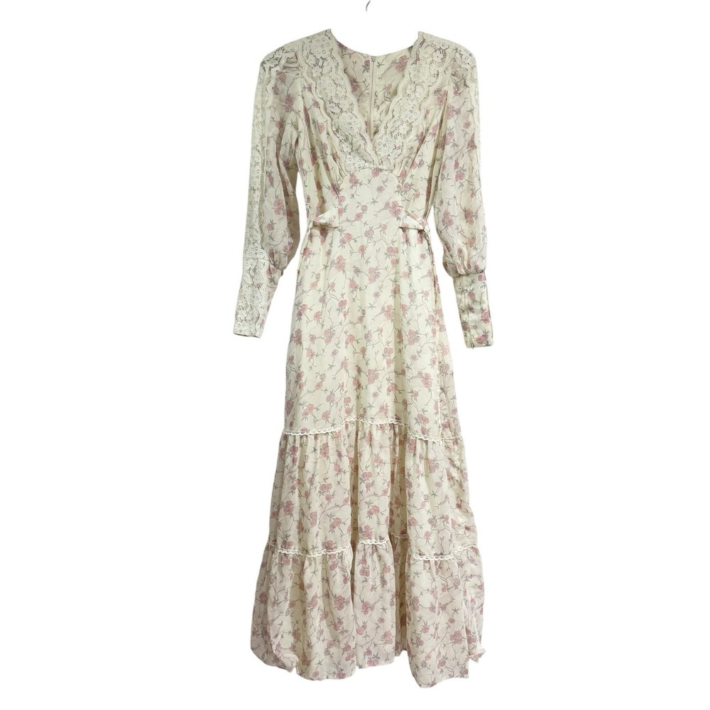 Vintage 1970s This Is Yours San Francisco White Long Sleeve Maxi Dress XS Floral